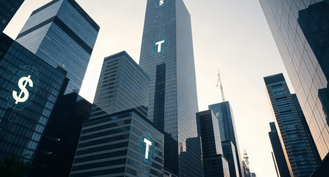 Digital stablecoin symbols reflected on skyscrapers at dusk, representing the $3B issuance by Circle and Tether.