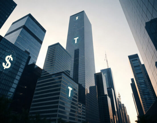 Digital stablecoin symbols reflected on skyscrapers at dusk, representing the $3B issuance by Circle and Tether.