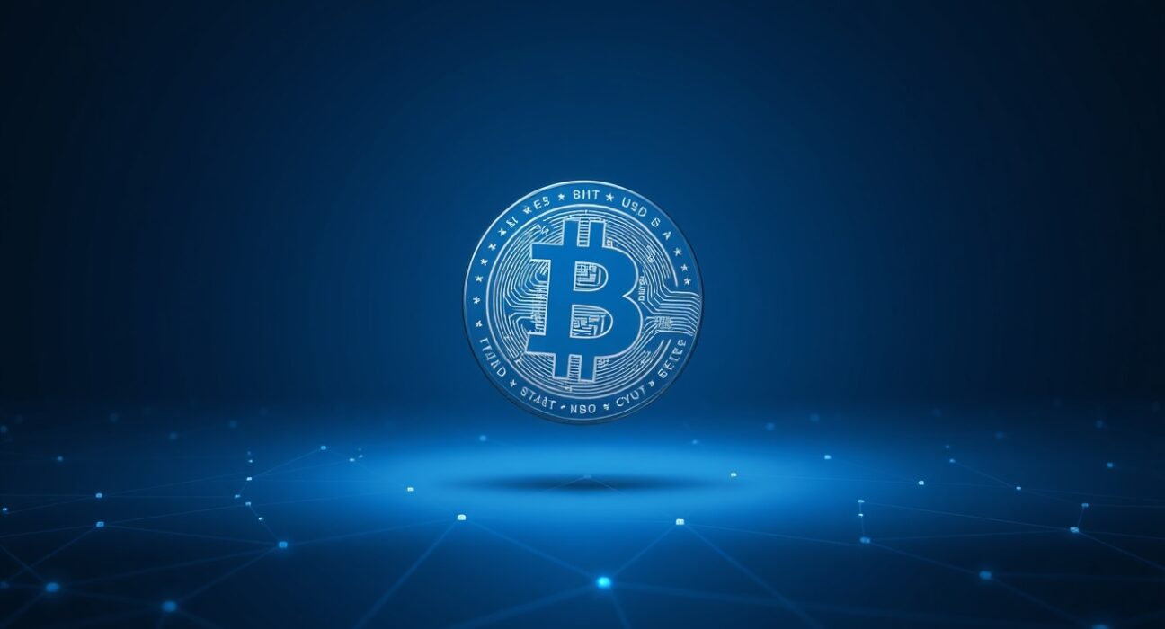 Digital representation of a USDC stablecoin against a dark, abstract blockchain network background.