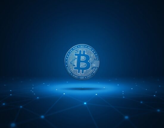 Digital representation of a USDC stablecoin against a dark, abstract blockchain network background.