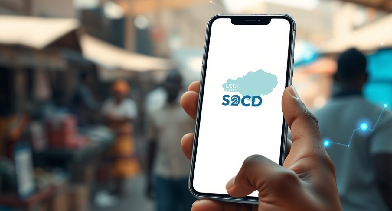 USDC stablecoin payment interface on smartphone overlaid with African map, representing Circle's fintech partnership expansion.
