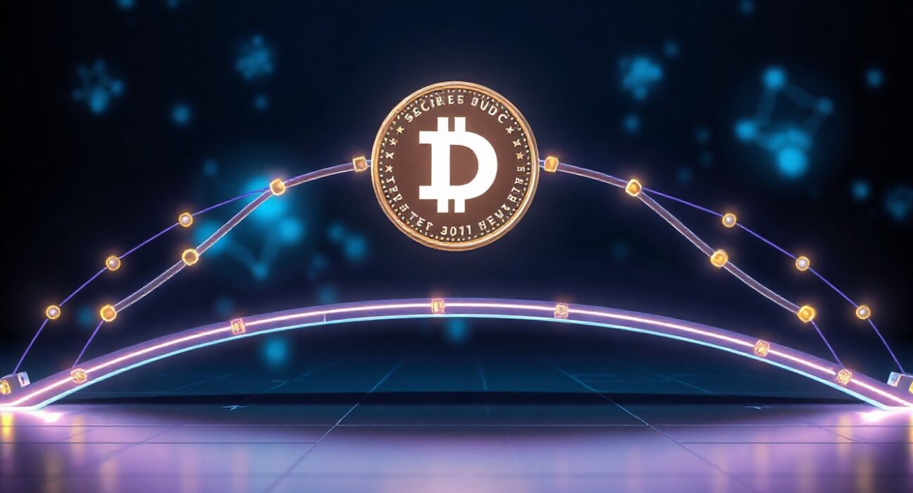 Digital bridge connecting blockchain networks with USDC coin icon in center