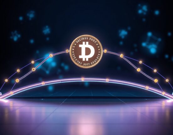 Digital bridge connecting blockchain networks with USDC coin icon in center
