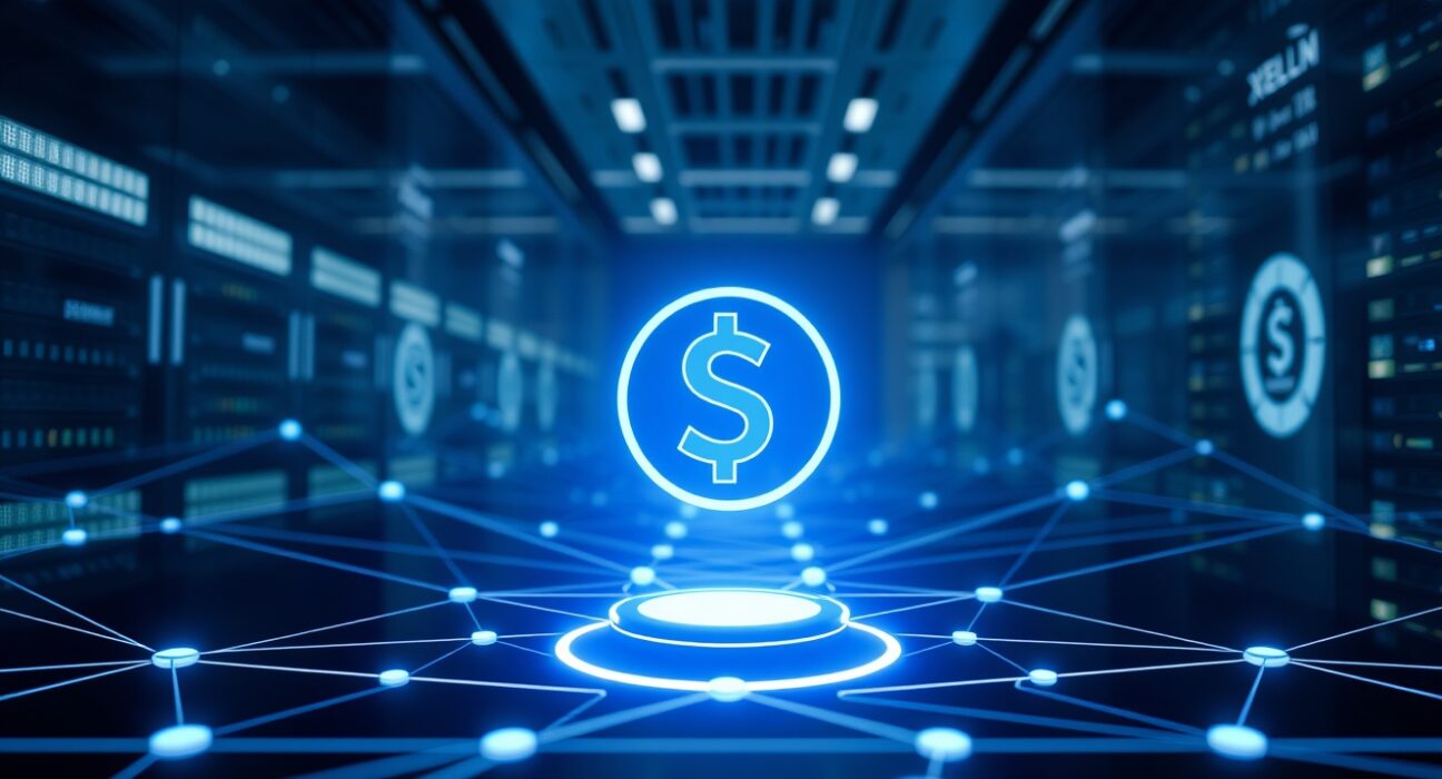 Digital illustration of USDC token transferring across a network with Stellar branding