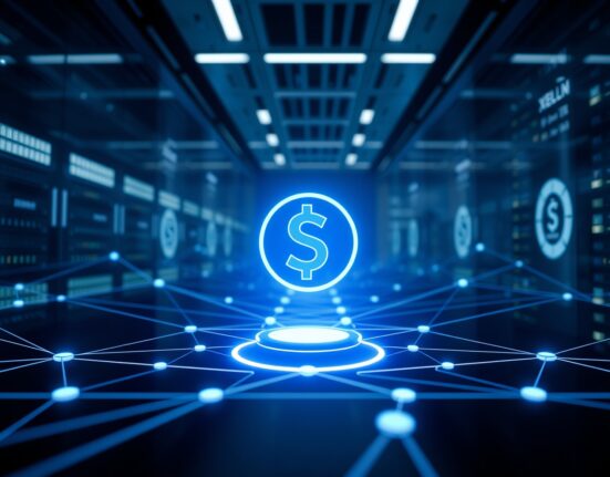 Digital illustration of USDC token transferring across a network with Stellar branding