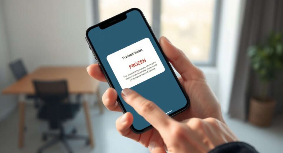 USDC freeze controversy showing frozen digital wallet transaction on smartphone screen