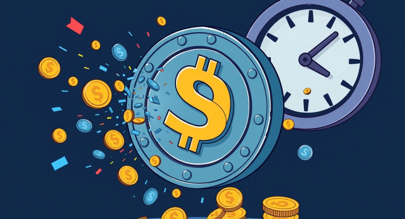 Cartoon illustration depicting the rapid Circle USDC issuance, symbolizing its significant impact on the stablecoin market.