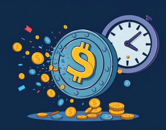 Cartoon illustration depicting the rapid Circle USDC issuance, symbolizing its significant impact on the stablecoin market.