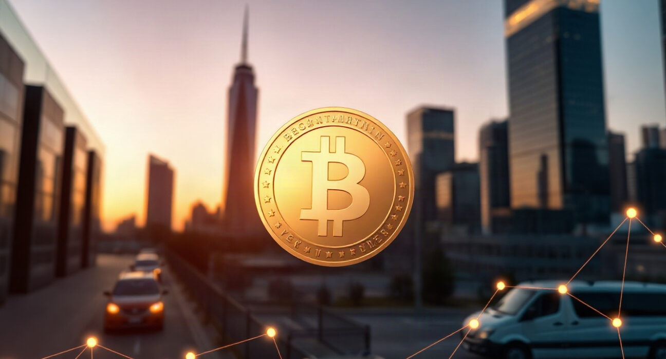 Digital dollar coin icon over a modern city skyline at dusk, representing stablecoin growth.