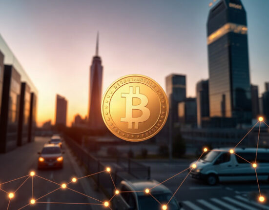 Digital dollar coin icon over a modern city skyline at dusk, representing stablecoin growth.