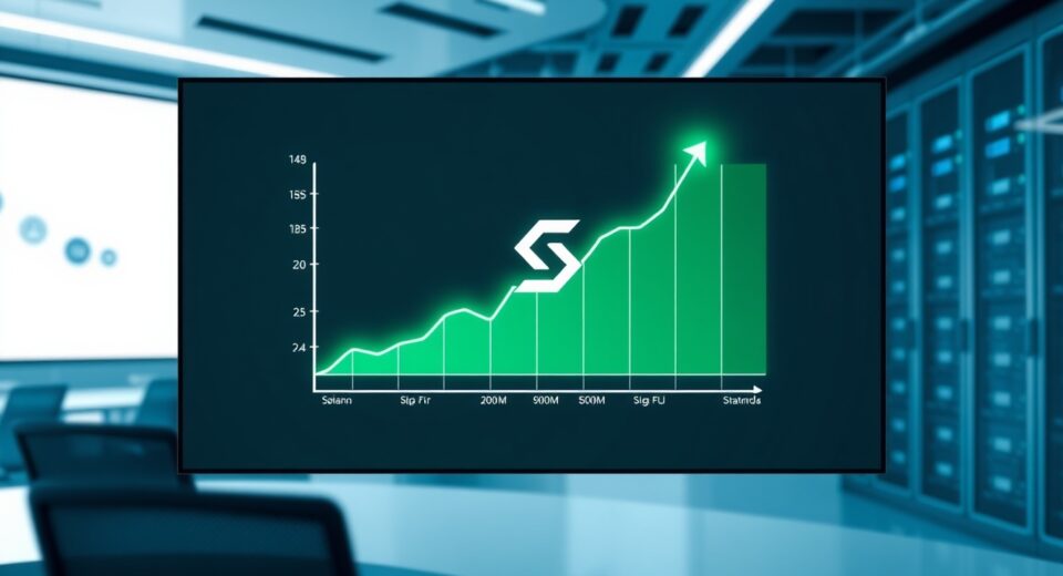 Digital display showing USDC issuance growth on Solana blockchain with upward trend graph