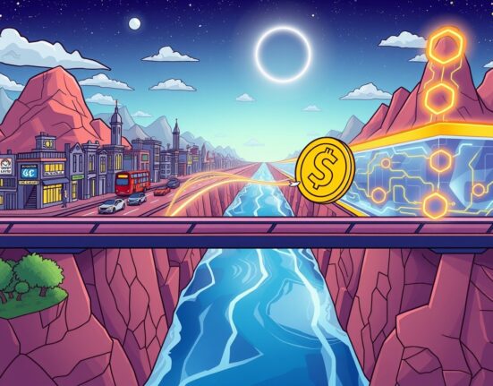 USDC on Starknet bridging Ethereum scaling for faster DeFi and payments in a vibrant cartoon scene.