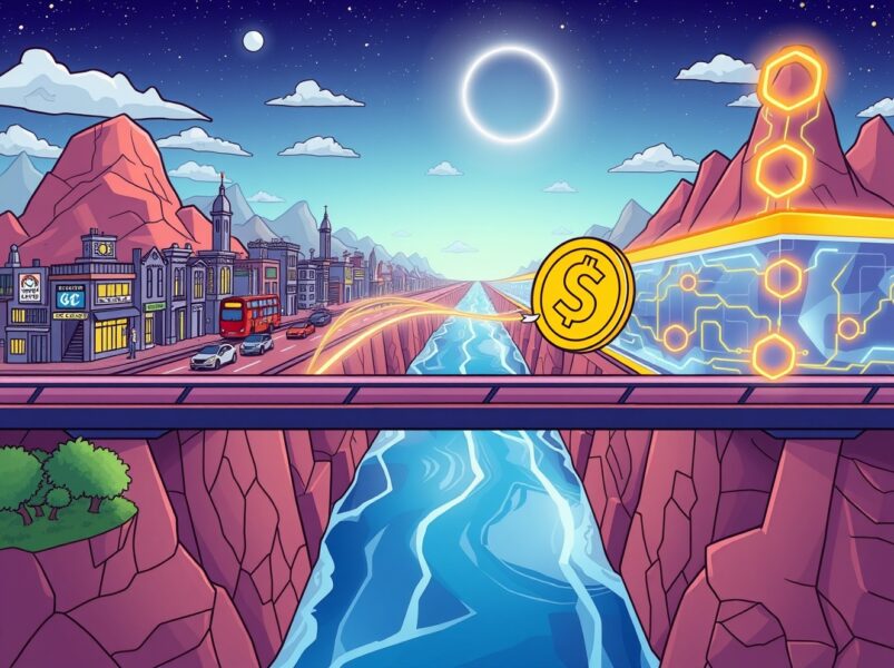 USDC on Starknet bridging Ethereum scaling for faster DeFi and payments in a vibrant cartoon scene.