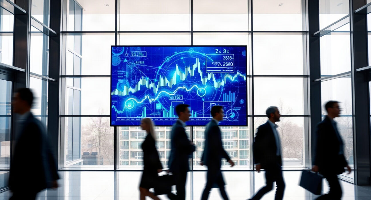 Digital display showing financial charts and blockchain data in a modern fintech office.