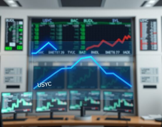 Chart showing Circle's USYC token surpassing BlackRock's BUIDL in the tokenized treasury market race.