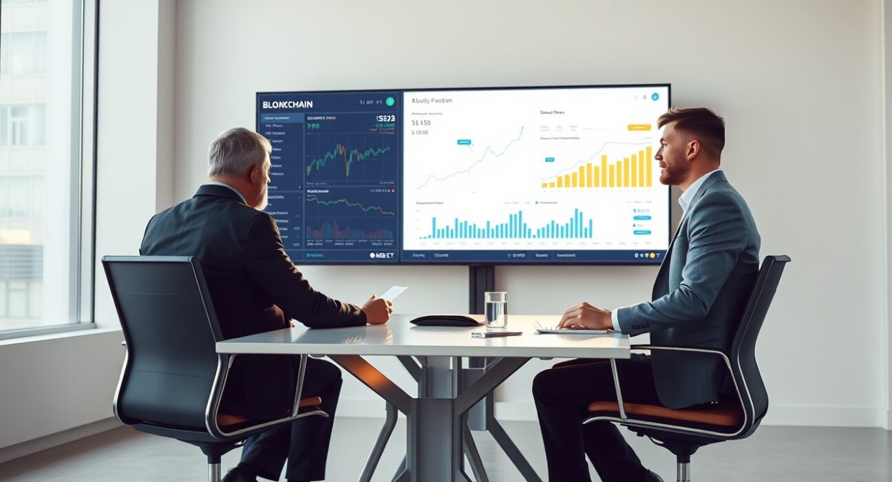 Professionals reviewing blockchain analytics data in a modern office