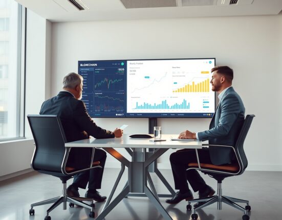 Professionals reviewing blockchain analytics data in a modern office
