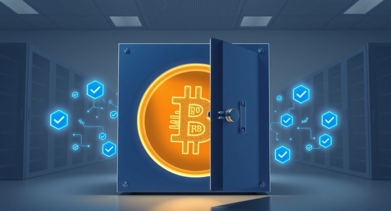 Secure digital vault holding Circle's new wrapped Bitcoin token, representing verified 1:1 Bitcoin backing.