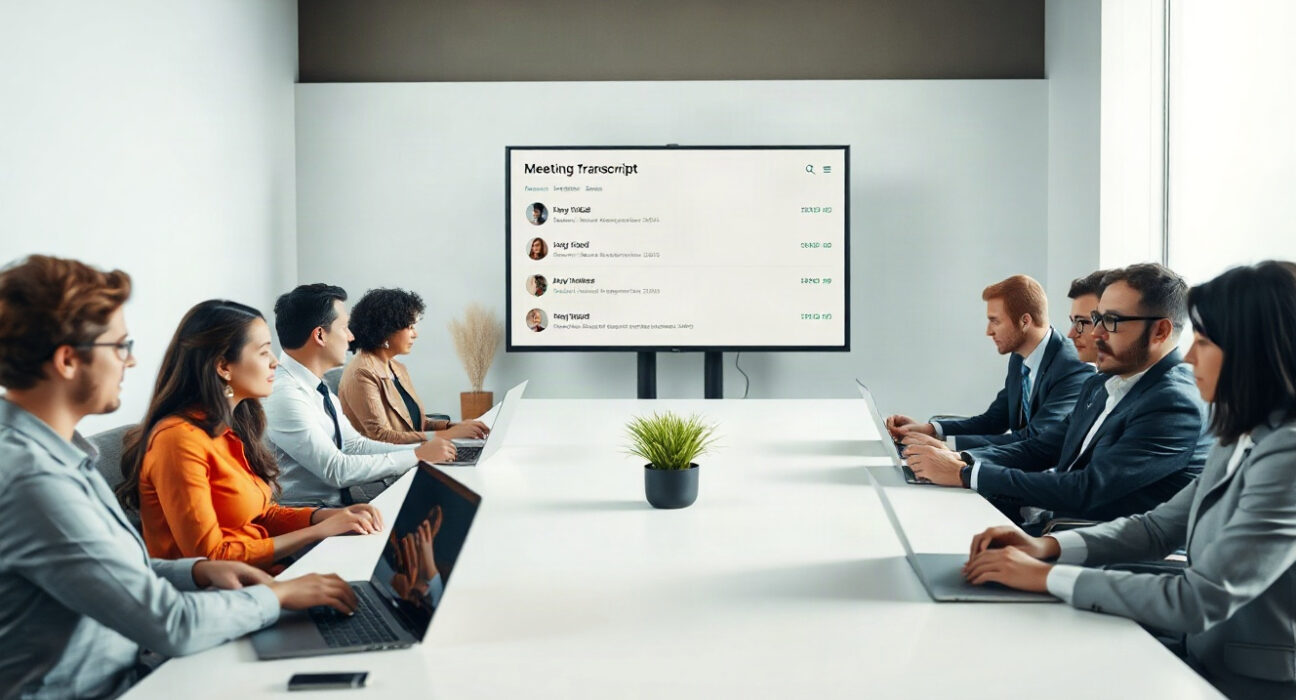 Team in a meeting room with AI notetaker interface on screen