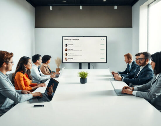 Team in a meeting room with AI notetaker interface on screen