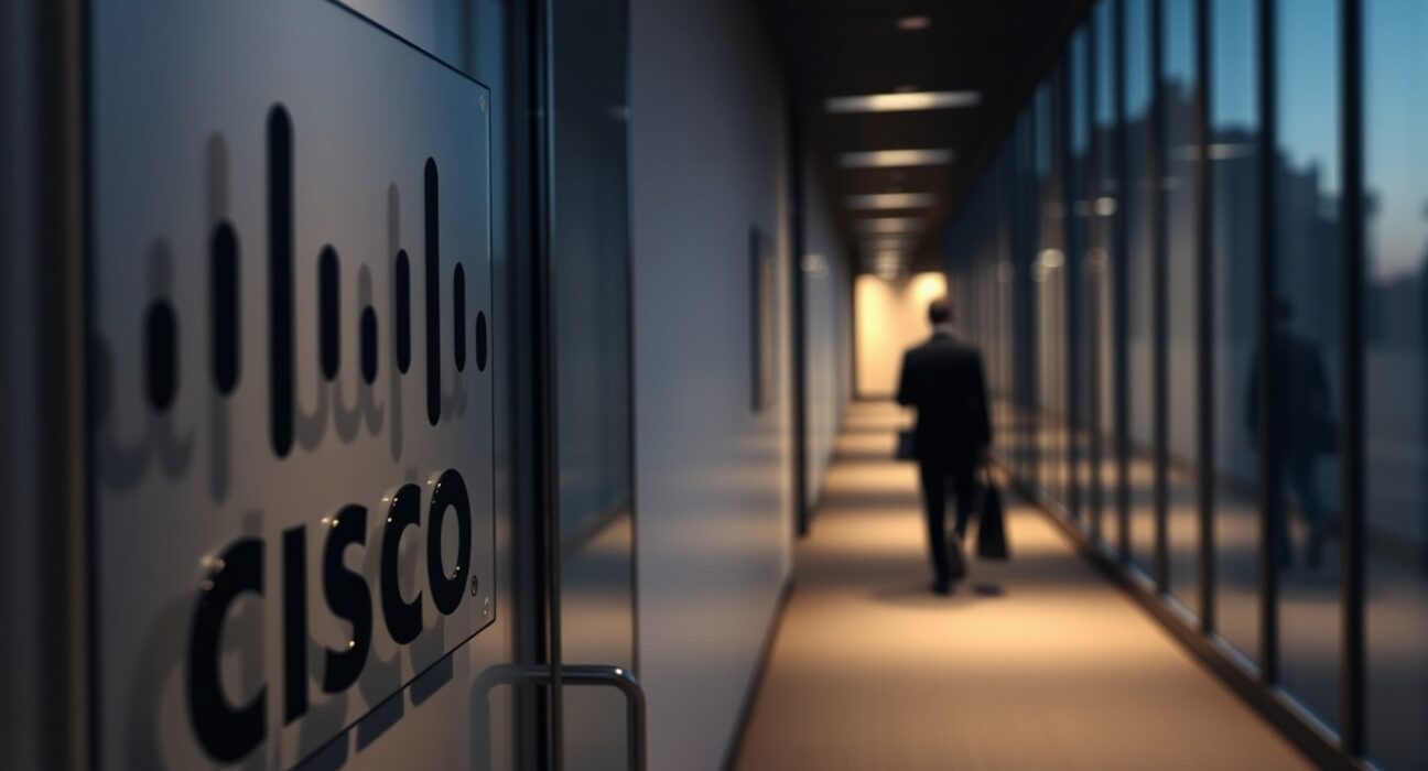 Empty corporate hallway with Cisco logo visible, representing layoffs and AI investment shift