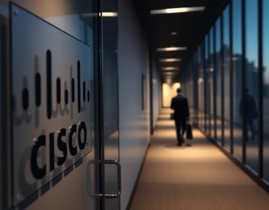 Empty corporate hallway with Cisco logo visible, representing layoffs and AI investment shift