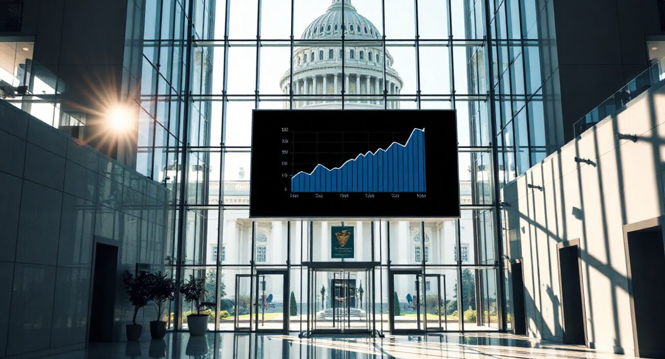 Interior of a modern government building in Washington D.C. with a large screen displaying a data chart on AI policy.