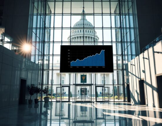 Interior of a modern government building in Washington D.C. with a large screen displaying a data chart on AI policy.