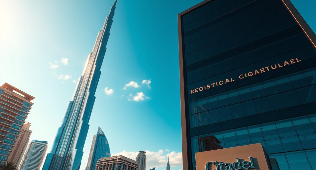 Citadel receives approval to operate in Dubai, with the Burj Khalifa and a modern office building representing the firm's new regulatory milestone in the UAE.