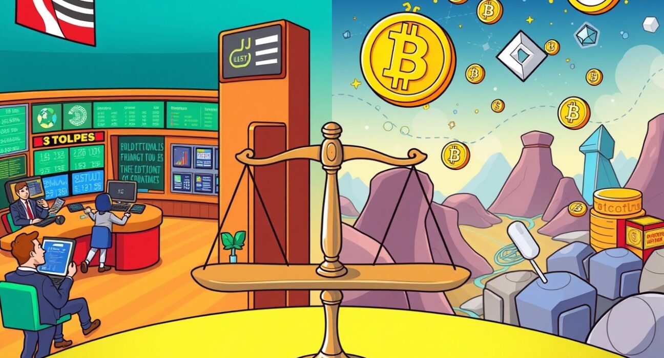 Cartoon illustration of the debate over SEC regulation for tokenized stocks, balancing traditional finance with digital innovation.