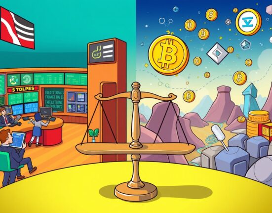 Cartoon illustration of the debate over SEC regulation for tokenized stocks, balancing traditional finance with digital innovation.