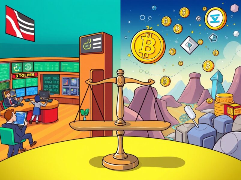 Cartoon illustration of the debate over SEC regulation for tokenized stocks, balancing traditional finance with digital innovation.