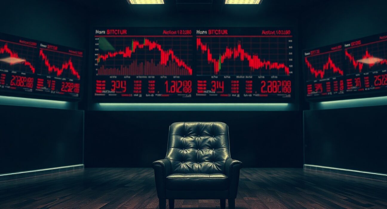 Empty chair on a dimly lit trading floor with Bitcoin price charts showing a sideways trend, representing the absence of new buyers.