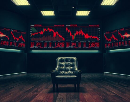 Empty chair on a dimly lit trading floor with Bitcoin price charts showing a sideways trend, representing the absence of new buyers.