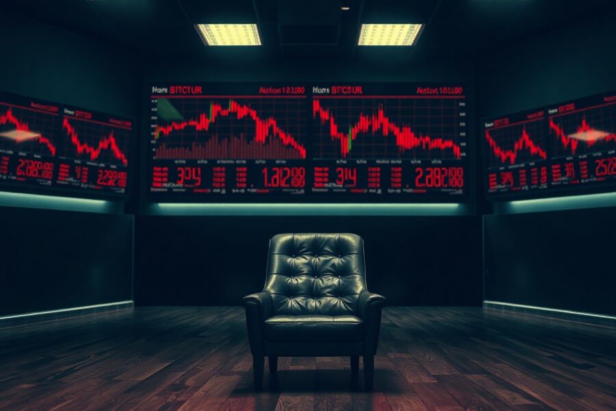 Empty chair on a dimly lit trading floor with Bitcoin price charts showing a sideways trend, representing the absence of new buyers.