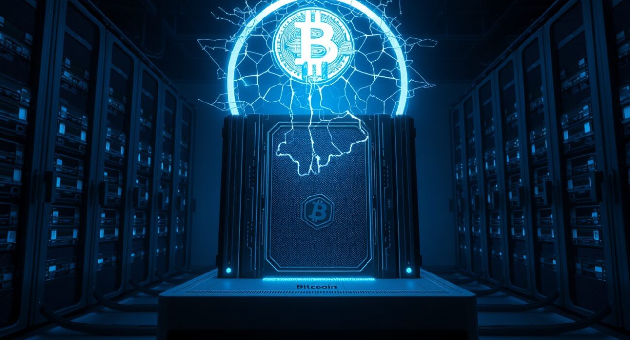 Quantum computer with a cracked Bitcoin hologram symbolizing vulnerability