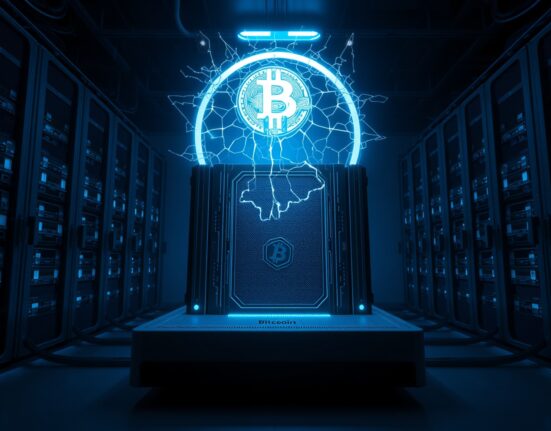 Quantum computer with a cracked Bitcoin hologram symbolizing vulnerability
