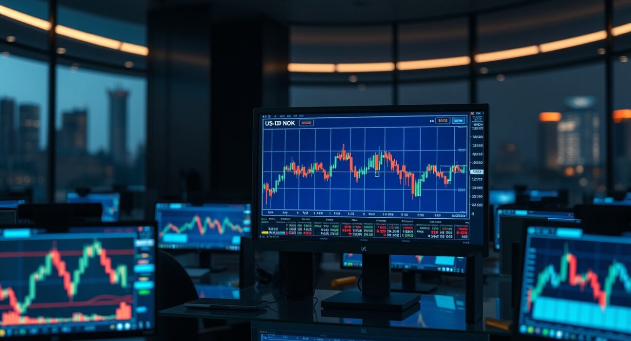 Financial trading desk monitors showing USD/NOK forex chart and falling oil prices