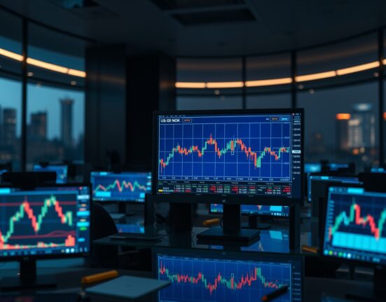 Financial trading desk monitors showing USD/NOK forex chart and falling oil prices
