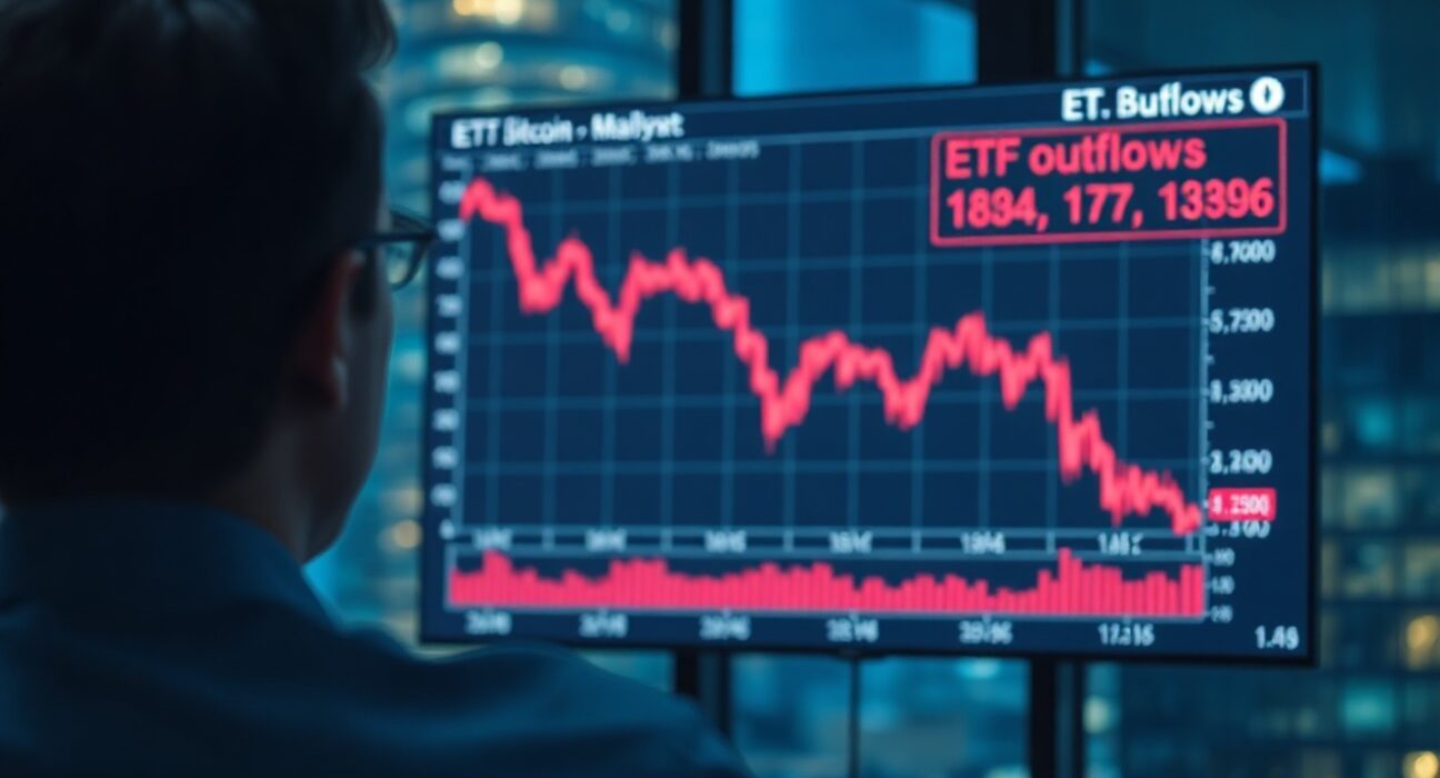 Financial analyst observing a Bitcoin price chart with ETF outflow data in a modern office.