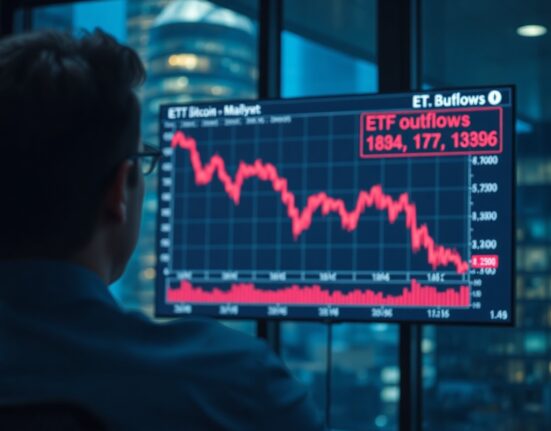 Financial analyst observing a Bitcoin price chart with ETF outflow data in a modern office.