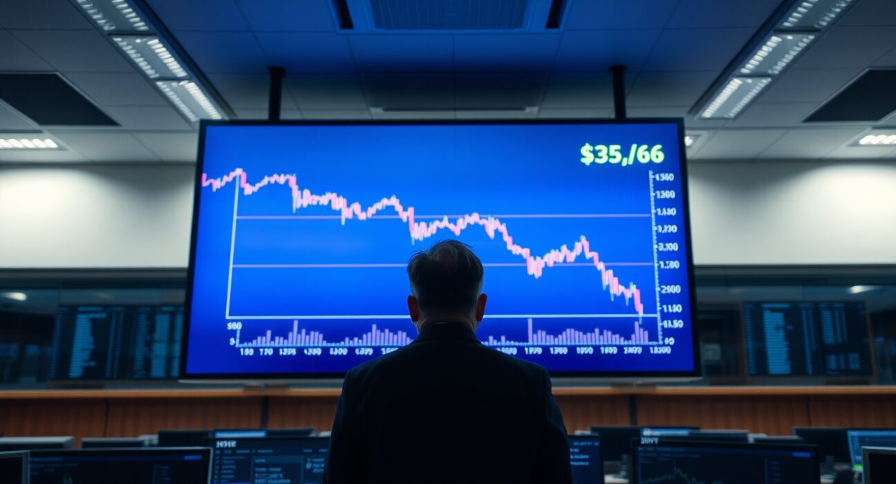Financial analyst observing a USD/JPY chart showing a downward correction trend in a modern office.