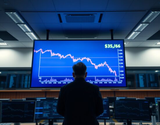 Financial analyst observing a USD/JPY chart showing a downward correction trend in a modern office.