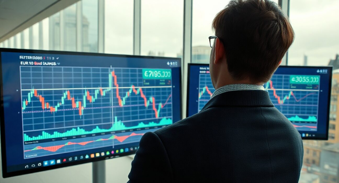 Financial analyst monitoring EUR/GBP charts and gilt yield data in a London office