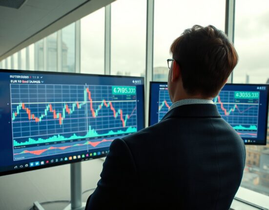 Financial analyst monitoring EUR/GBP charts and gilt yield data in a London office