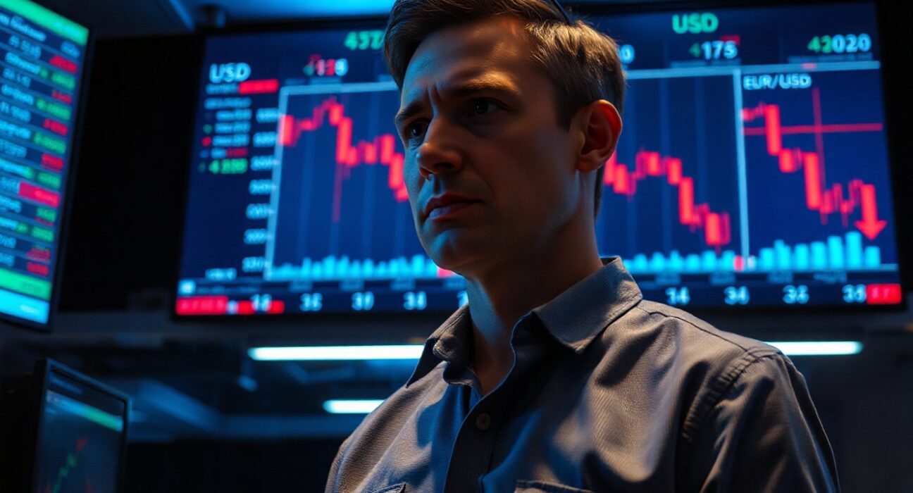 Financial analyst watching EUR/USD chart decline on trading floor monitors