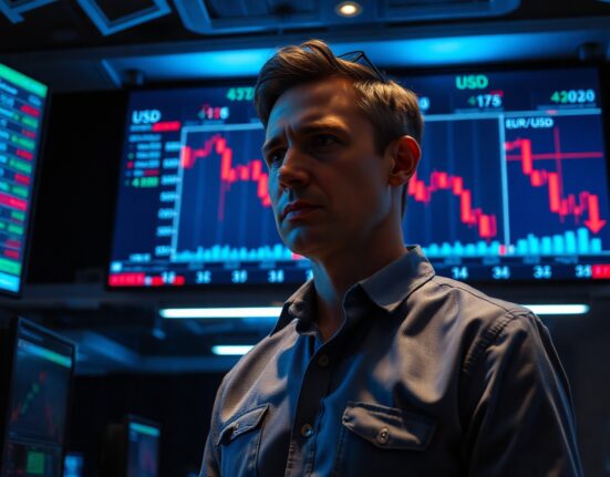 Financial analyst watching EUR/USD chart decline on trading floor monitors