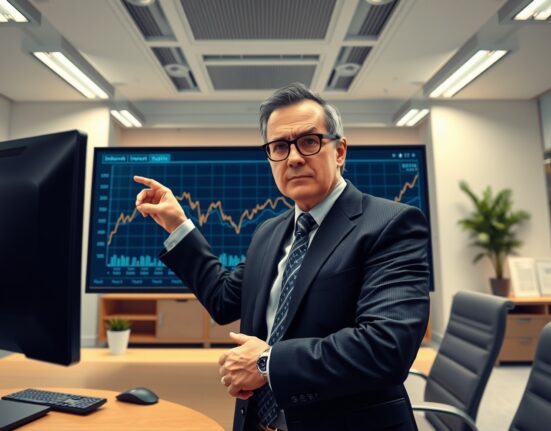 Financial analyst reviewing Federal Reserve interest rate forecast data and economic indicators.