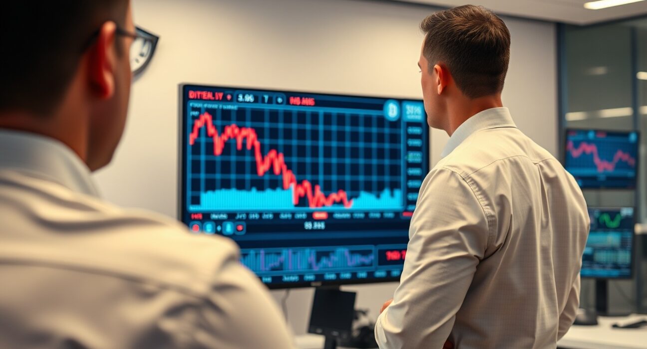 Financial analyst reviewing a Bitcoin price chart with a downward trend in a modern office setting