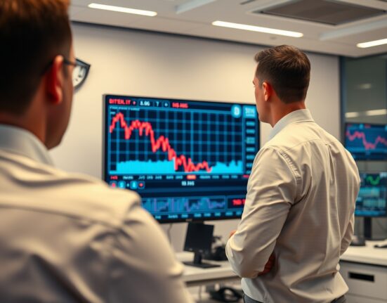 Financial analyst reviewing a Bitcoin price chart with a downward trend in a modern office setting